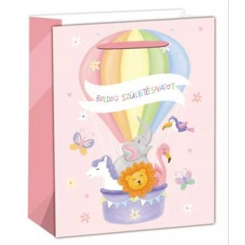 Állatok hőlégballonnal ajándéktasak, pink - 18 x 23 cm kép