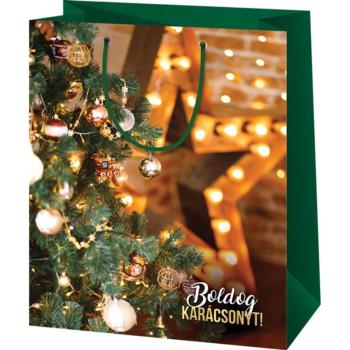 Boldog Karácsonyt díszített karácsonyfa mintás közepes ajándéktáska 18x10x23cm kép