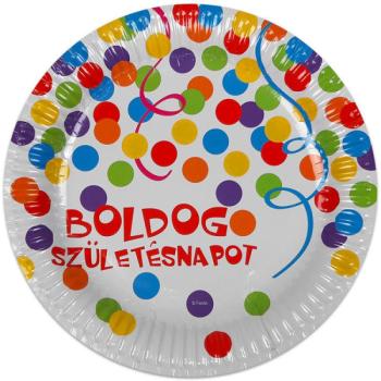 Boldog születésnapot feliratos 6 darabos papírtányér - 23 cm, konfetti mintás kép