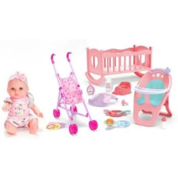 Játékbaba hanggal, bölcsővel és kiegészítőkkel - 30 cm kép