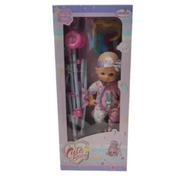 Játékbaba nyuszi mintás ruhában, összecsukható babakocsival - 25 cm kép