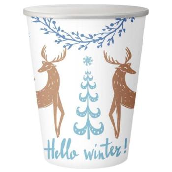 Rénszarvas és fenyőfa mintájú papírpohár Hello winter! felirattal - 250 ml, 6 db kép