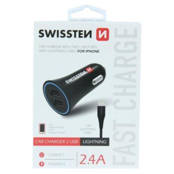 Swissten: Autós töltő - 2 USB csatlakozó, fekete, lightning kábellel kép