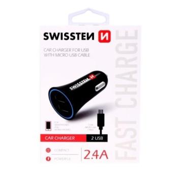 Swissten: Autós töltő - 2 USB csatlakozó, fekete, micro USB kábellel kép