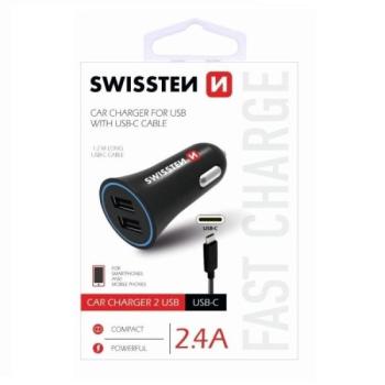 Swissten: Autós töltő - 2 USB csatlakozó, fekete, USB-C kábellel kép