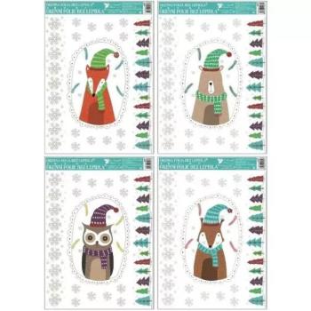 Téli állatkás mintás csillogó ablakmatrica - 38 x 30 cm, többféle kép