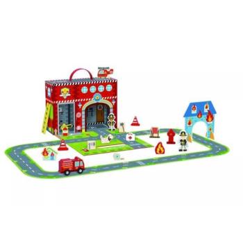 Tooky Toy: Fa tűzoltó állomás hordozható dobozban - 17 db-os kép