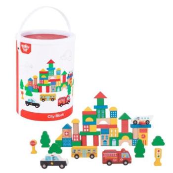 Tooky Toy: Színes fa építőkockák és kisautók vödörben - 50 db-os kép