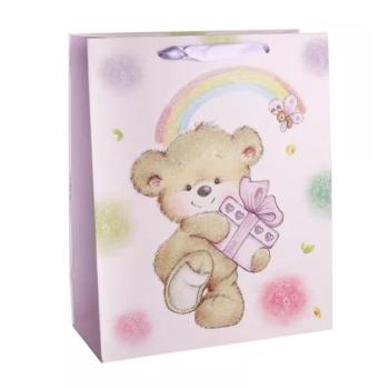 Maci ajándékkal glitteres ajándékzacskó - 18 x 23 cm kép