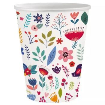 Virág és madárka mintás papírpohár, fehér - 250 ml, 6 db kép