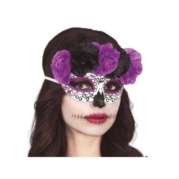 Álarc Catrina - fekete - lila virágok kép
