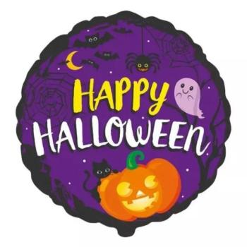 Happy Halloween tök mintás fólia lufi - 46 cm, fekete-lila, csomagolt kép