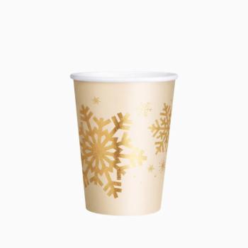 Aranyszínű papírpoharak hópelyhekkel, 270 ml – 6 db kép