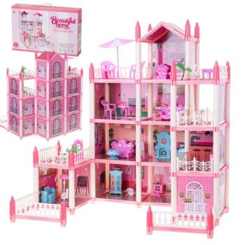 Barkács rózsaszín villa babaház 4 szintes bútorok 61cm kép