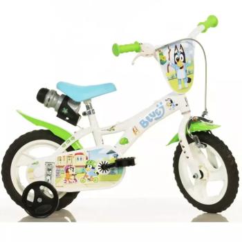 Bluey 12” gyerek bicikli kulacstartóval és oldalkerekekkel fehér-kék-zöld színben – Dino Bikes kerékpár