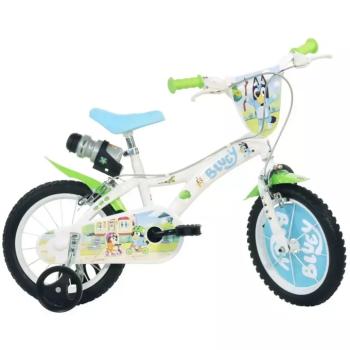 Bluey 14” gyerek bicikli kulacstartóval és oldalkerekekkel fehér-kék-zöld színben – Dino Bikes kerékpár kép