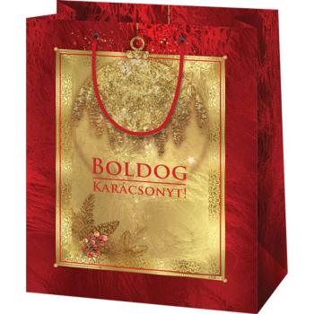 Boldog Karácsonyt feliratos, arany-piros színű közepes méretű exkluzív ajándéktáska 18x10x23cm kép