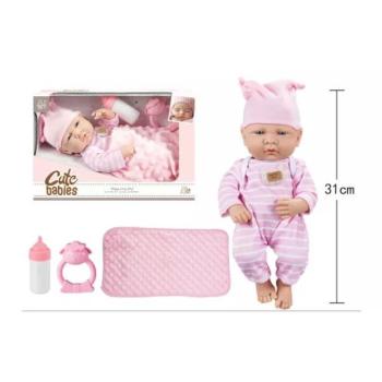 Cute Babies: Játékbaba csíkos rugdalozóban kiegészítőkkel - 31 cm kép