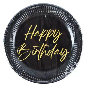 Elegáns fekete-arany színű szülinapi ;Happy Birthday; feliratú papírtányér 8db-os szett 23cm kép