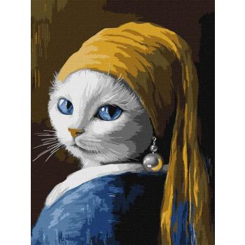 Festés számok szerint - Macska gyöngy fülbevalóval art_selena_ua 30 x 40 cm