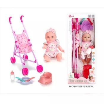 Hangot adó játékbaba babakocsival - 30 cm-es kép