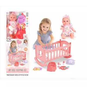 Hangot adó játékbaba kisággyal - 30 cm-es kép