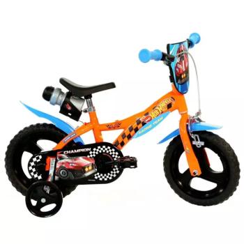 Hot Wheels 12” gyerek bicikli kulacstartóval és oldalkerekekkel narancssárga-fekete színben – Dino Bikes kerékpár kép