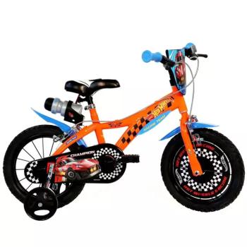 Hot Wheels 14” gyerek bicikli kulacstartóval és oldalkerekekkel narancssárga-fekete színben – Dino Bikes kerékpár kép