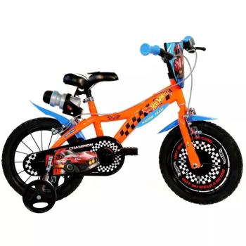 Hot Wheels 16” gyerek bicikli kulacstartóval és oldalkerekekkel narancssárga-fekete színben – Dino Bikes kerékpár kép