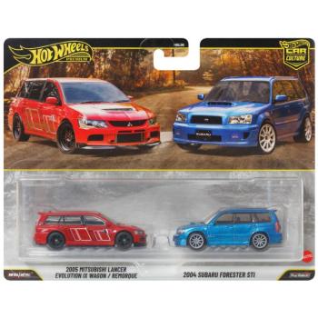 Hot Wheels: Deluxe 2005 Mitsubishi Lancer Evolution IX Wagon és 2004 Subaru Forester STI kisautó 2 db-os csomag 1/64 - Mattel kép