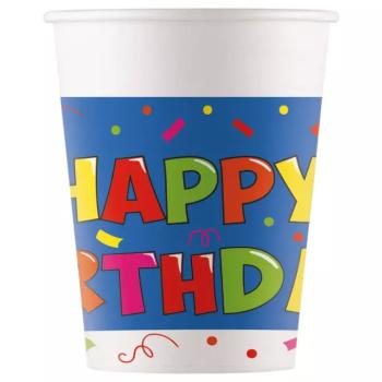 Kékfehér alapú szülinapi ;Happy Birthday; feliratú papírpohár 8db-os szett 200ml kép