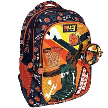 Luna: Must Team kosárlabda mintás narancssárga - kék lekerekített 3 rekeszes iskolatáska, hátizsák 32x18x43cm kép