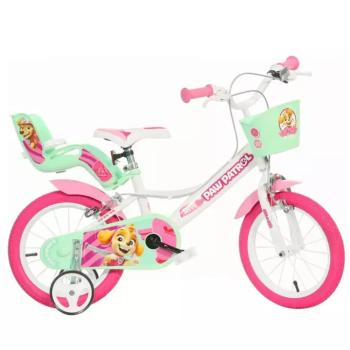 Mancs Őrjárat Skye 14” gyerek bicikli kosárral és babaüléssel rózsaszín-mentazöld színben – Dino Bikes kerékpár