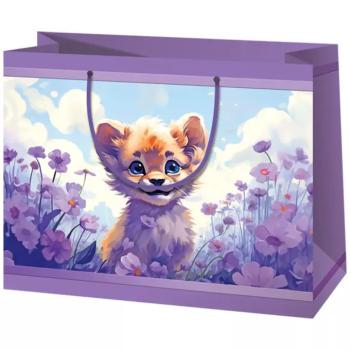 Oroszlánkölyök virágokkal lila színű közepes méretű exkluzív ajándéktáska 18x10x23cm kép