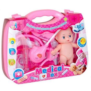 Pink orvosi szett babával és kiegészítőkkel bőröndben kép