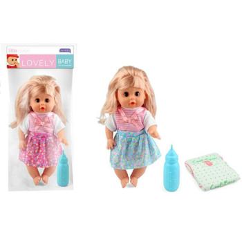 Pislő baba masnis ruhában kiegészítőkkel 30cm kép