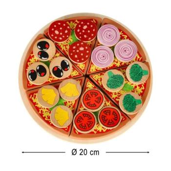 Pizza fa játékkészlet tépőzáras kiegészítőkkel, spatulával, késsel, tányérral, vágás tanulására, 20cm