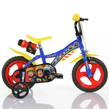 Sam, a tűzoltó 12” gyerek bicikli kulacstartóval és oldalkerekekkel kék-sárga színben – Dino Bikes kerékpár kép