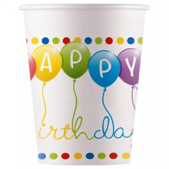 Színes lufis szülinapi ;Happy Birthday; feliratú papírpohár 200 ml 8db-os szett kép