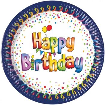 Színes szülinapi ;Happy Birthday; feliratos papírtányér 8db-os szett 20cm kép