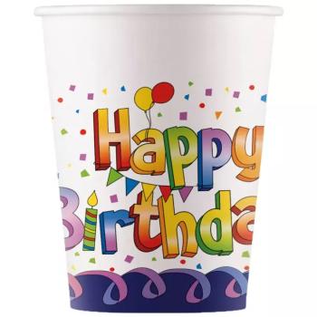 Szivárványos szülinapi ;Happy Birthday; feliratú papírpohár 8db-os szett 200ml kép
