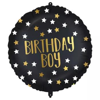 Szülinapi fólia lufi – ;Birthday Boy; felirattal, fekete-arany csillagos 46cm kép