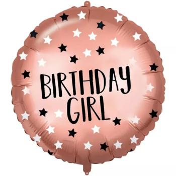 Szülinapi fólia lufi – ;Birthday Girl; felirattal, rózsaarany csillagos 46cm kép