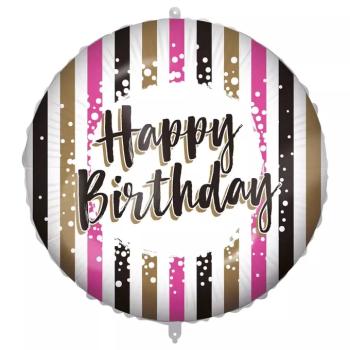 Szülinapi fólia lufi – „Happy Birthday” felirattal, arany-fekete-rózsaszín csíkos design 46cm kép