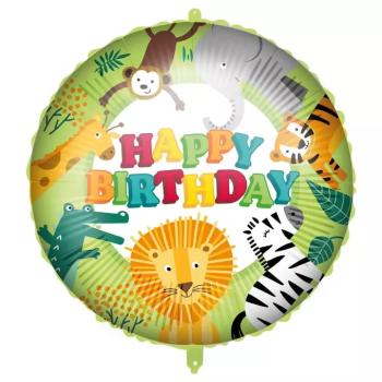 Szülinapi fólia lufi – „Happy Birthday” felirattal, dzsungel állatos mintával 46cm kép