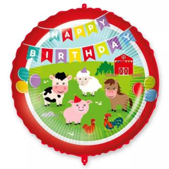 Szülinapi fólia lufi – „Happy Birthday” felirattal, farm állatos mintával 46cm kép