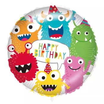 Szülinapi fólia lufi – „Happy Birthday” felirattal, színes szörnyecskés mintával 46cm kép