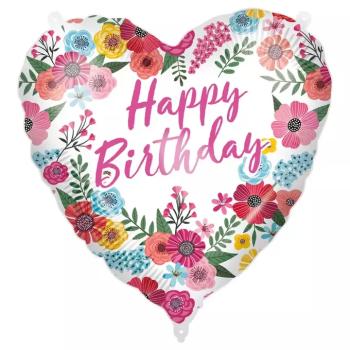 Szülinapi fólia lufi – „Happy Birthday” felirattal, szív alakú, virágos mintával 46cm kép