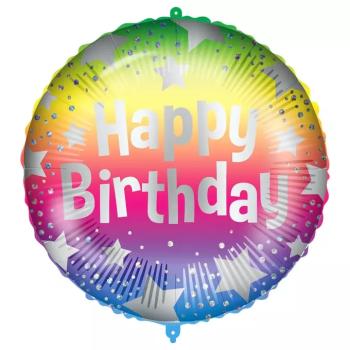 Szülinapi fólia lufi – „Happy Birthday” felirattal, szivárványszínű csillagos mintával 46cm kép