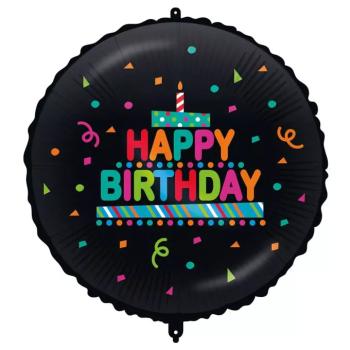 Szülinapi fólia lufi – „Happy Birthday” felirattal, tortás-konfettis, fekete alapon 46cm kép